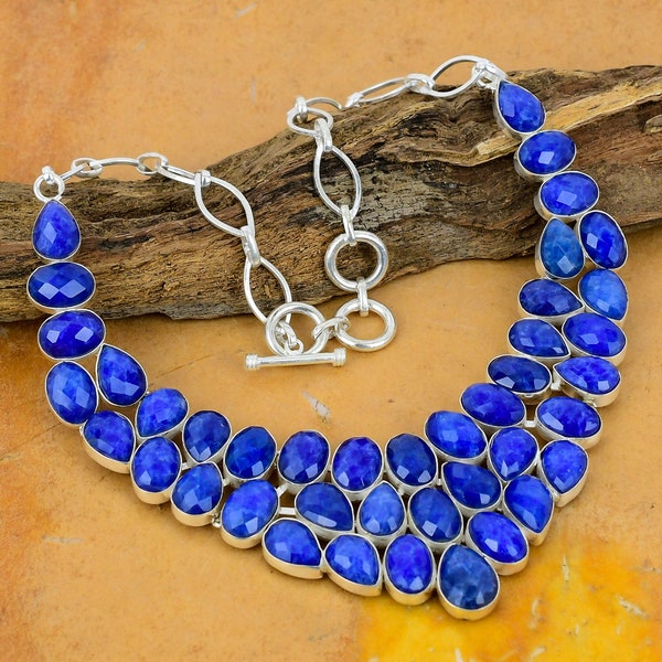 Burmese Blue Sapphire Gemstone Handmade 925 Sterling Silver Necklace 925 Stamped Gemstone Natural Blue Sapphire Silver Necklace For Gift