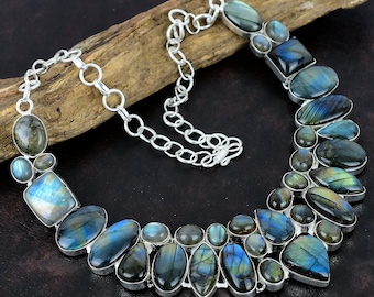 Blauwe eerlijke labradoriet edelsteen handgemaakt / 925 sterling zilveren ketting / 925 gestempelde edelsteen / natuurlijke labradoriet ketting cadeau voor liefde