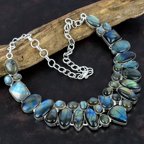 Handmade Labradorite Gemstone Pendant - Natural Black Labradorite Charm, Silver Plated, 2.48"