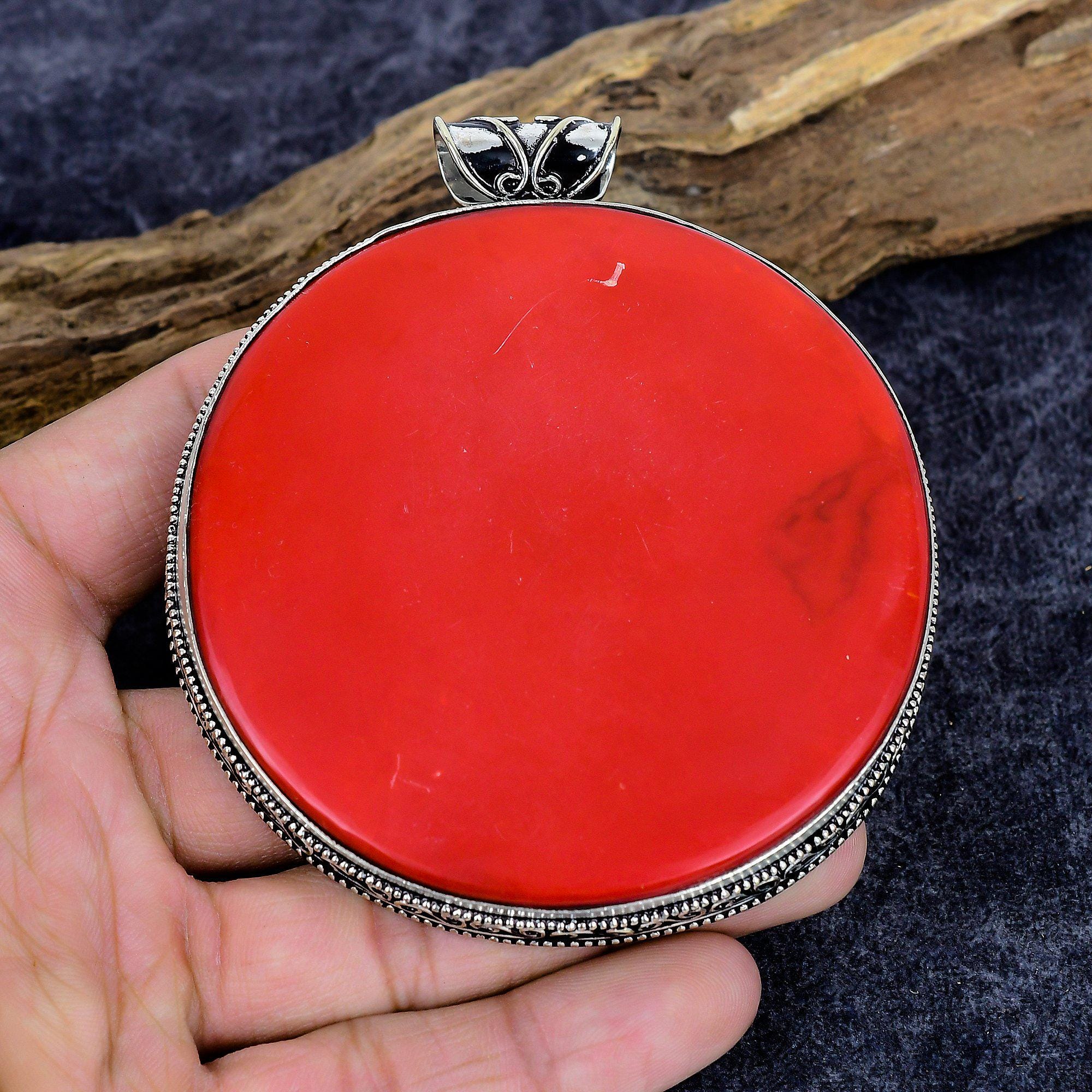 Pendentif Fait Main En Argent 925 Et Corail Rouge - Pierre Ovale, Création Lab, Collier Fourni - Neuf Sans Emballage
