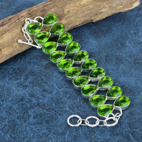 Handmade 925 Sterling Silver Peridot Gemstone Bracelet – Lab-Created Green Stone Adjustable 7-8 Inches