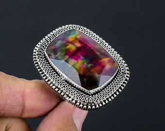 Aurora Borealis Opal Ring: 925 Sterling Silver Statement Jewelry