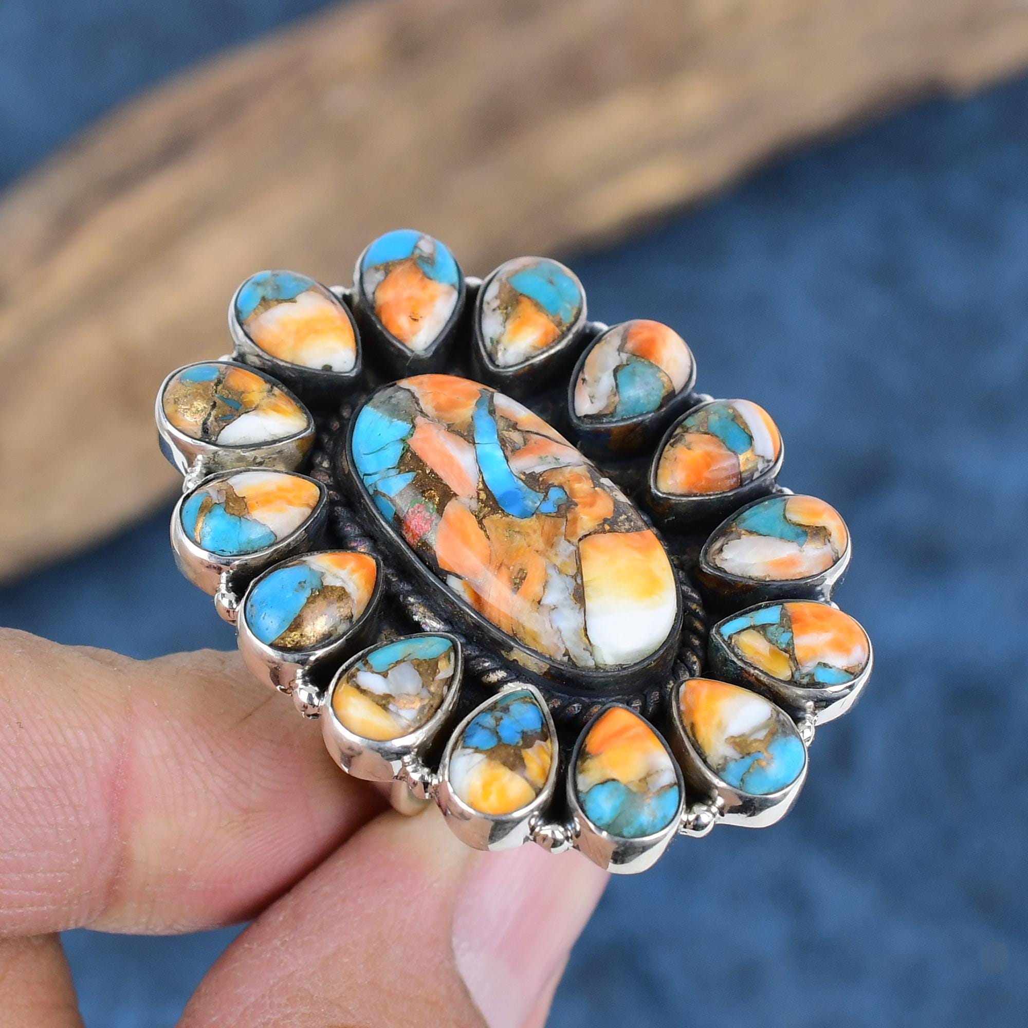 Handmade Orange Spiny Oyster Turquoise Ring: 925 Sterling Silver
