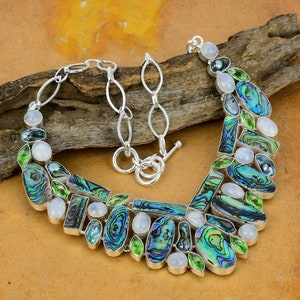 Abalone Shell, Moonstone, Pearl, Peridot Gemstone Handmade 925 Sterling Silver Necklace 925 Stamped Gemstone Abalone Shell Silver Necklace