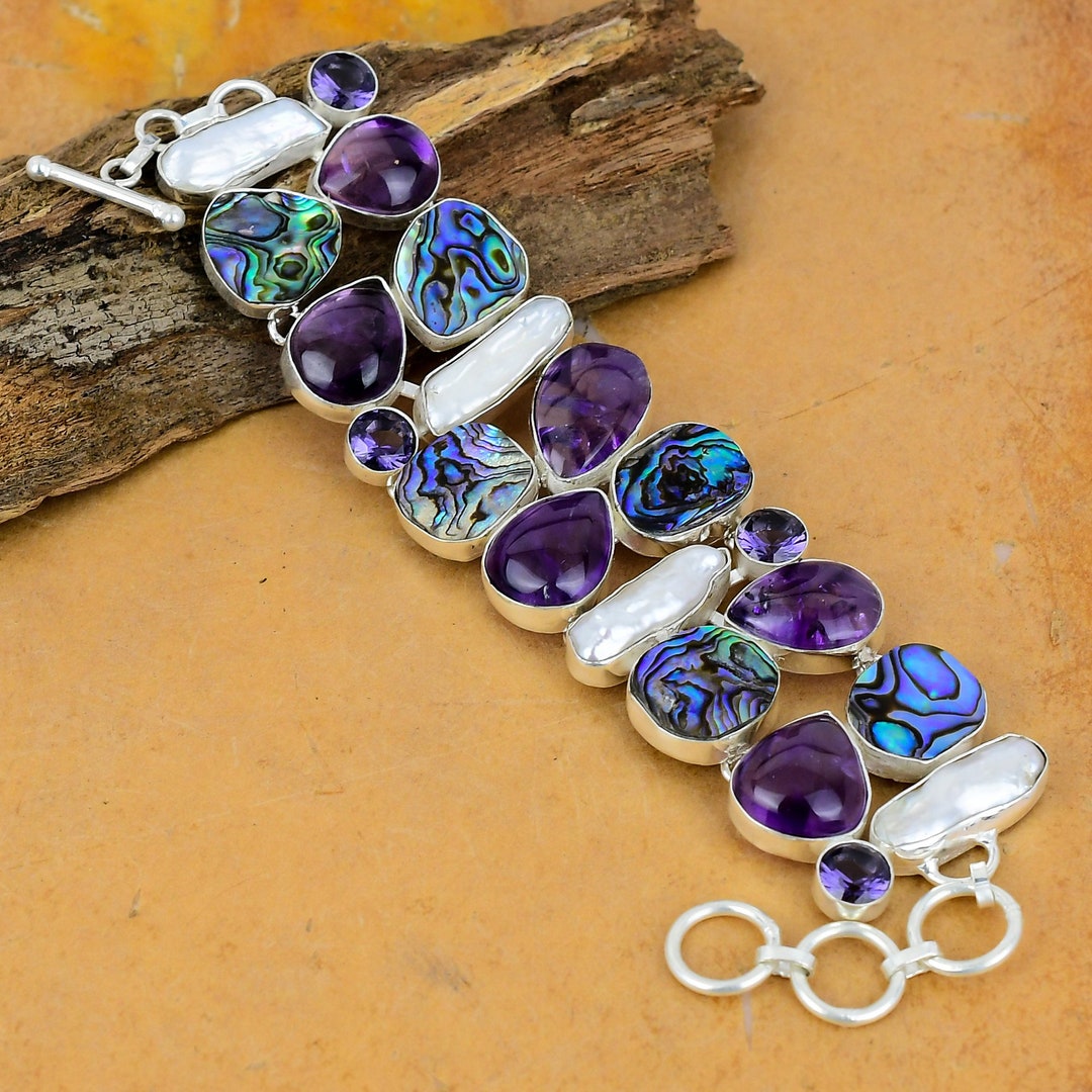 Handmade Abalone Shell & Amethyst 925 Sterling Silver Bracelet - Etsy