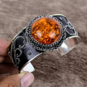 Handmade Amber Gemstone Cuff Bangle: 925 Sterling Silver