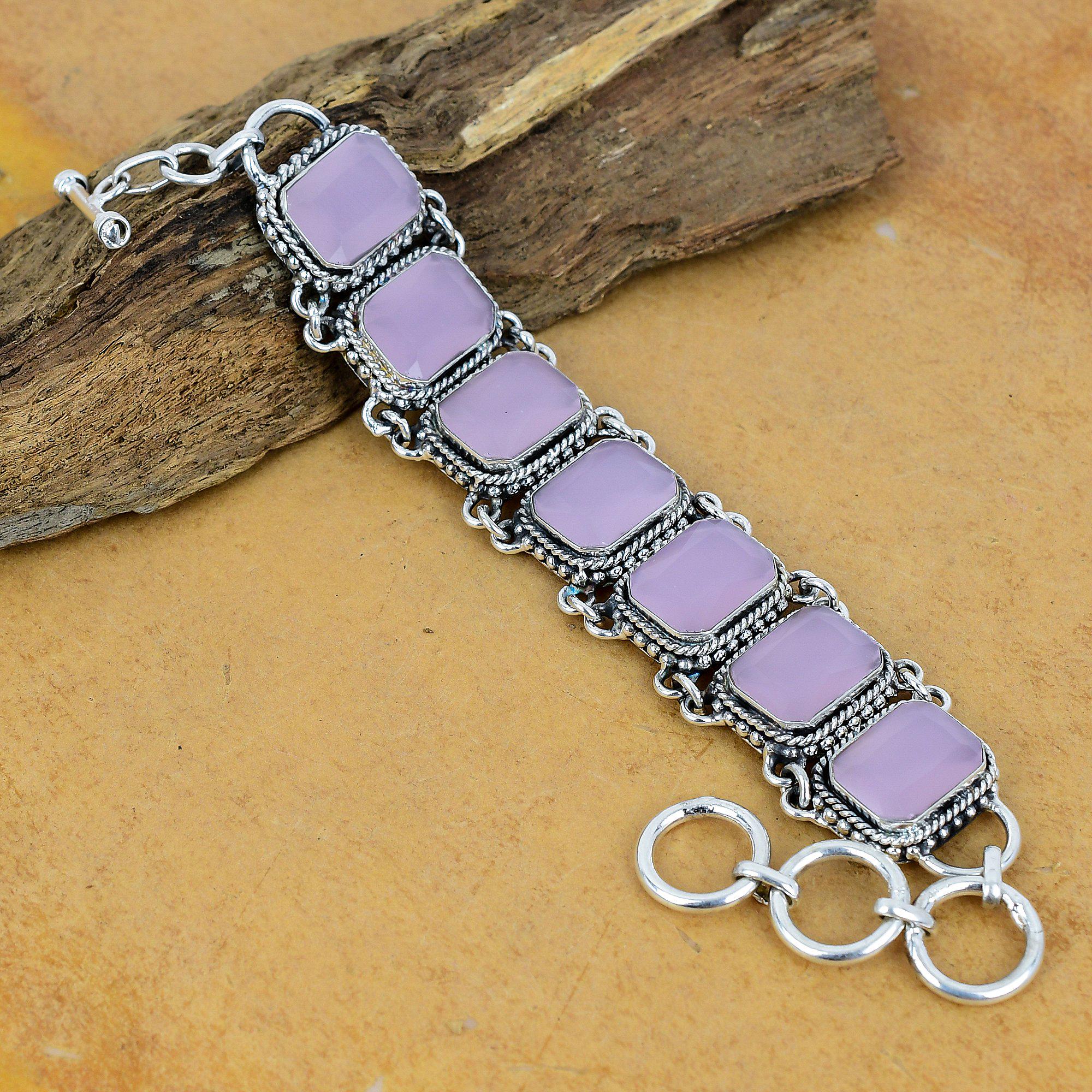 ハンドメイドのピンクカルセドニースターリングシルバーブレスレット