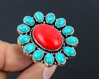 Italian red coral,Turquoise 925 Sterling Silver Gemstone Handmade Jewelry Ring | Sterling Silver Ring | Statement Ring | Gift For Her