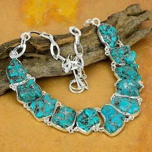 Tibetan Blue Turquoise Gemstone Handmade 925 Sterling Silver Necklace 925 Stamped Gemstone Natural Turquoise Silver Necklace Gift For Mom