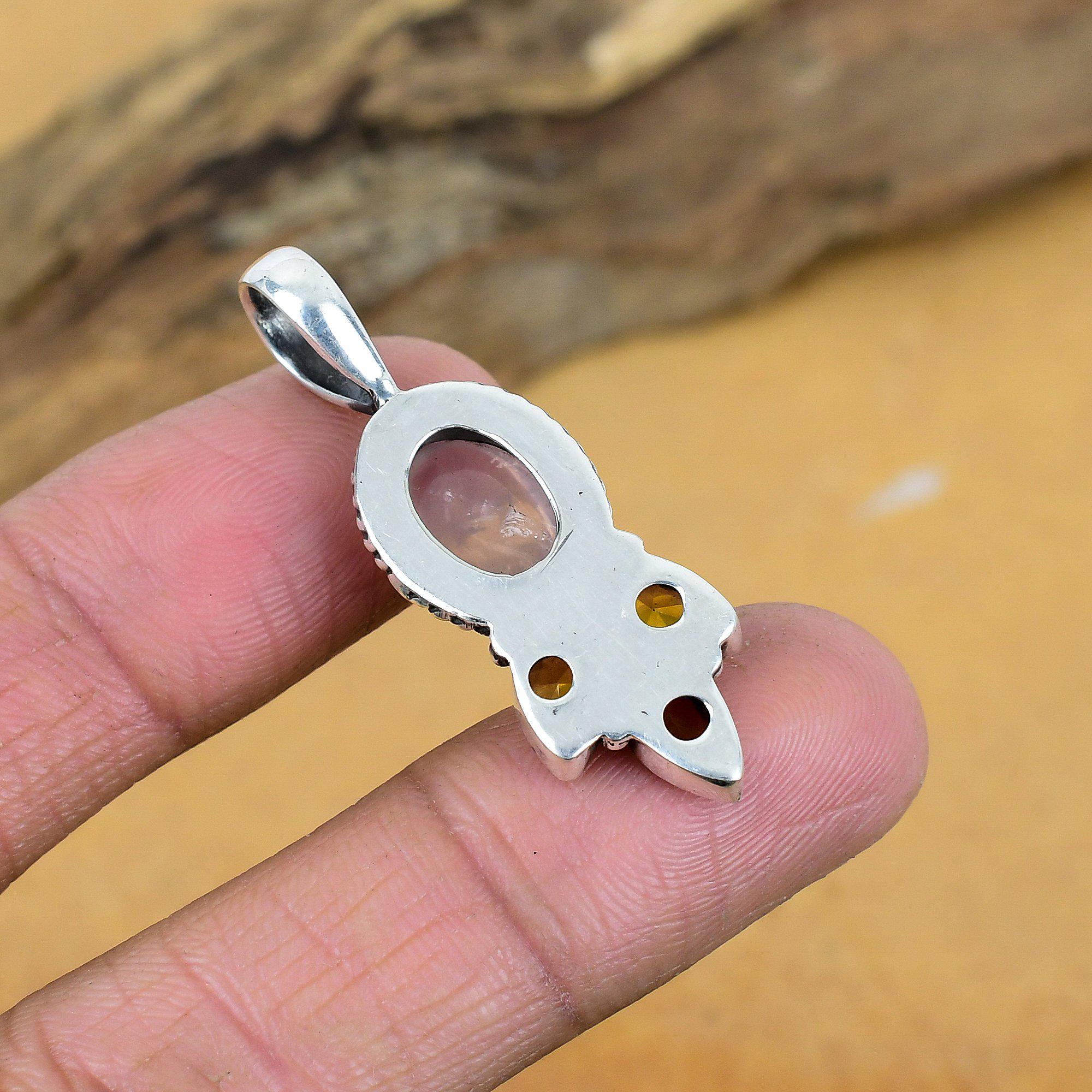ローズクォーツ シトリンペンダント：ハンドメイド 925 スターリング