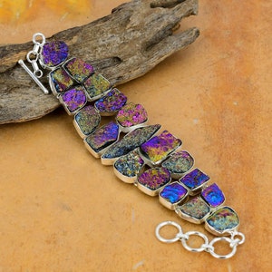 Peacock Aura Titanium Druzy Gemstone Handmade 925 Sterling Silver Bracelet 925 Stamped Gemstone Natural Titanium Druzy Silver Bracelet Gift