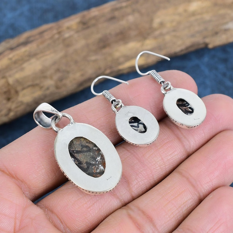 May include: A silver pendant and earrings set with oval-shaped stones. The stones are a dark brown color with a mottled pattern. The pendant has a bail at the top for attaching a chain.