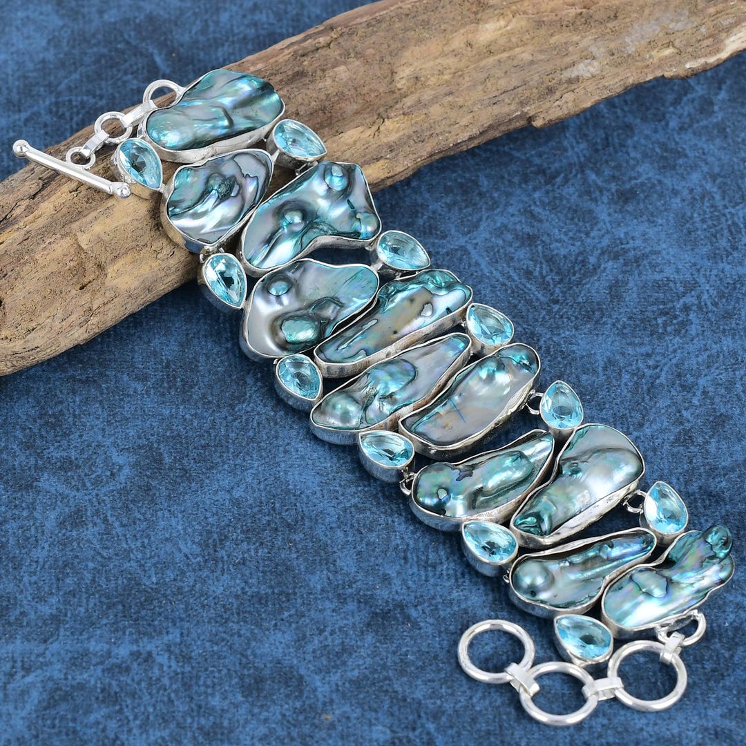 Handmade Sterling Silver Bracelet: Natural Biwa Pearl & Blue Topaz