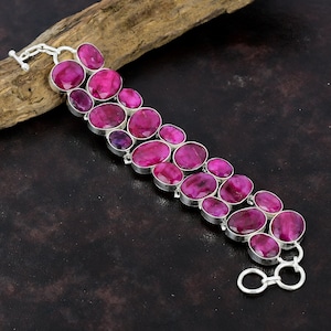 Pulsera de rubí rojo de Cachemira hecha a mano en plata de ley 925 con piedras preciosas y rubí Pulsera de rubí rojo de Cachemira con piedras preciosas estampadas 925 para regalo