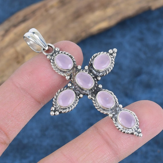 Rose Quartz Cross Pendant: Handmade 925 Sterling Silver Jewelry