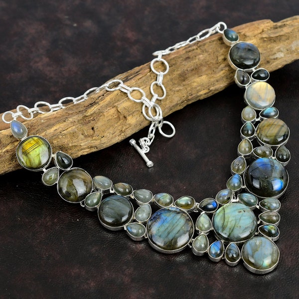 Pierres précieuses de labradorite faites à la main / collier en argent sterling 925 / Pierres précieuses estampées 925 / Collier en argent labradorite naturelle / Cadeau pour l'amour