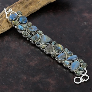 100% Natural Labradorite Gemstone Handmade 925 Sterling Silver Bracelet 925 Stamped Gemstone Natural Labradorite Bracelet For Gift