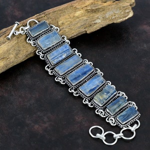 Blue Kyanite Gemstone Handmade 925 Sterling Silver Bracelet 925 Stamped Gemstone Natural Blue Kyanite Adjustable Link Bracelet For Gift