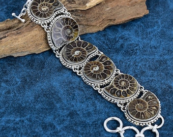 Handmade Ammonite Fossil Bracelet: 925 Sterling Silver Gemstone