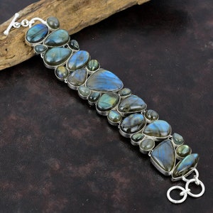 Pulseira de prata esterlina 925 feita à mão com pedra preciosa labradorita canadense, pulseira de labradorita canadense natural com carimbo 925 para presente