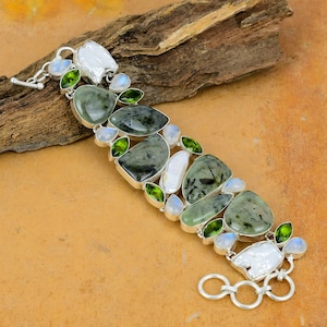 Prehnit, Perle, Peridot Edelstein Handgemachtes 925 Sterling Silber Armband 925 gestempelt Edelstein Natürliches Prehnit Armband Geschenk für Sie