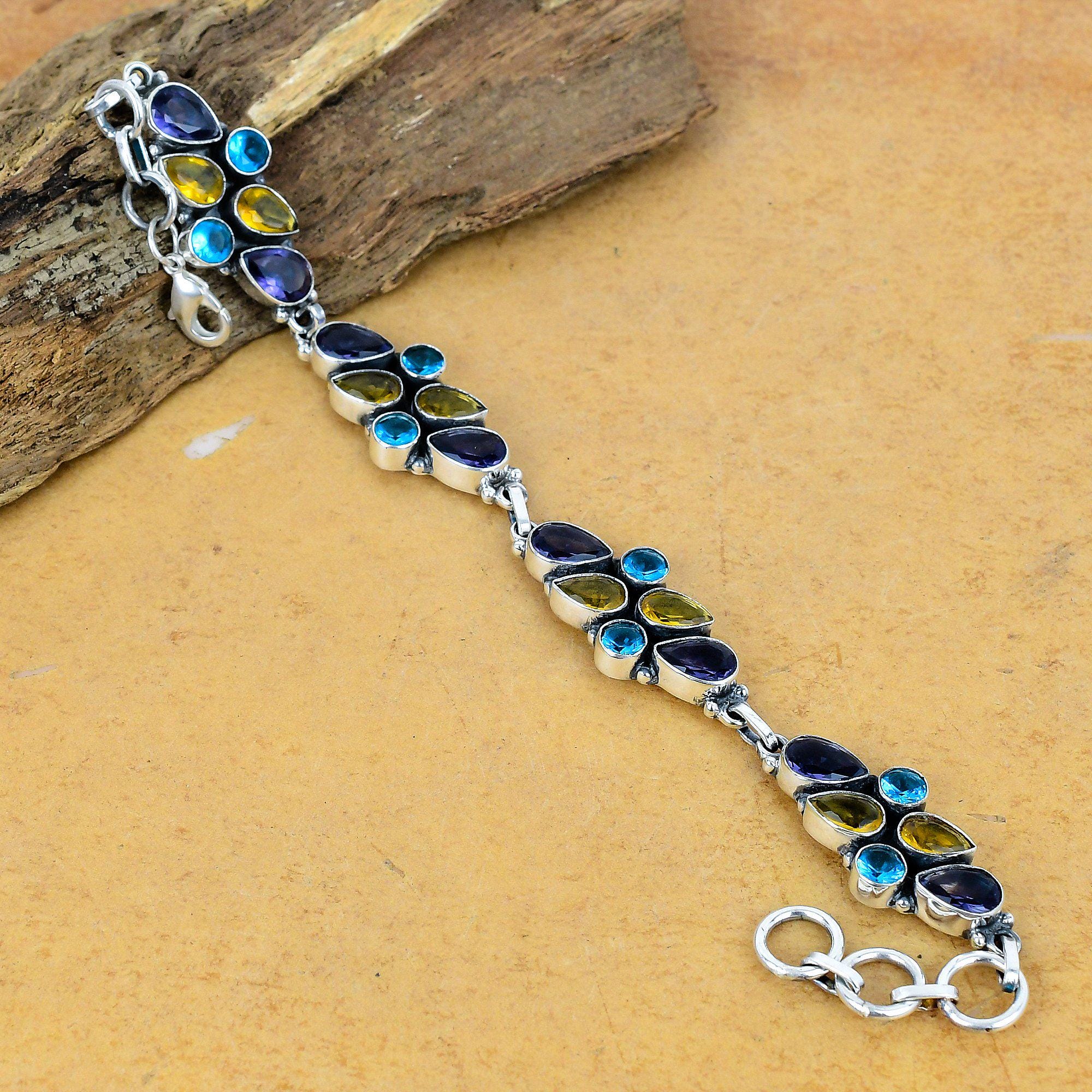 Bracelet Manchette Ajustable En Argent 925 Avec Citrine Et Labradorite - Fait Main En Inde - Neuf Sans Emballage