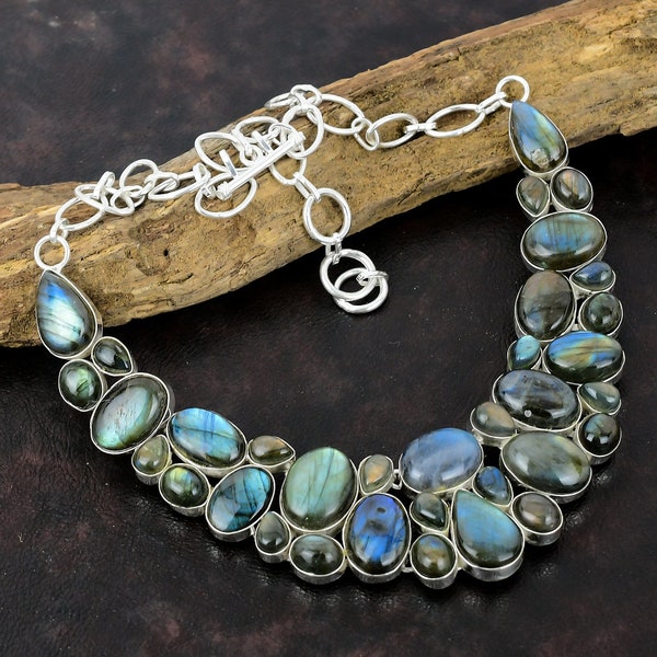 Handmade Labradorite Gemstone Necklace: 925 Sterling Silver, 18 Inch