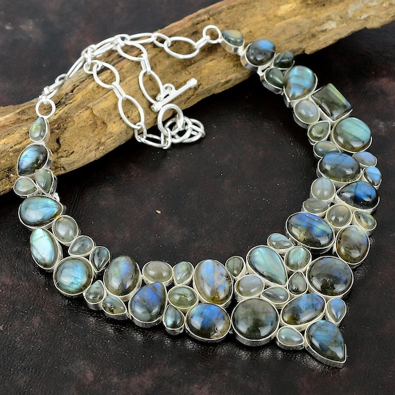 Collier Fait Main En Argent Sterling 925 Avec Labradorite - Longueur 18 Pouces - Inde