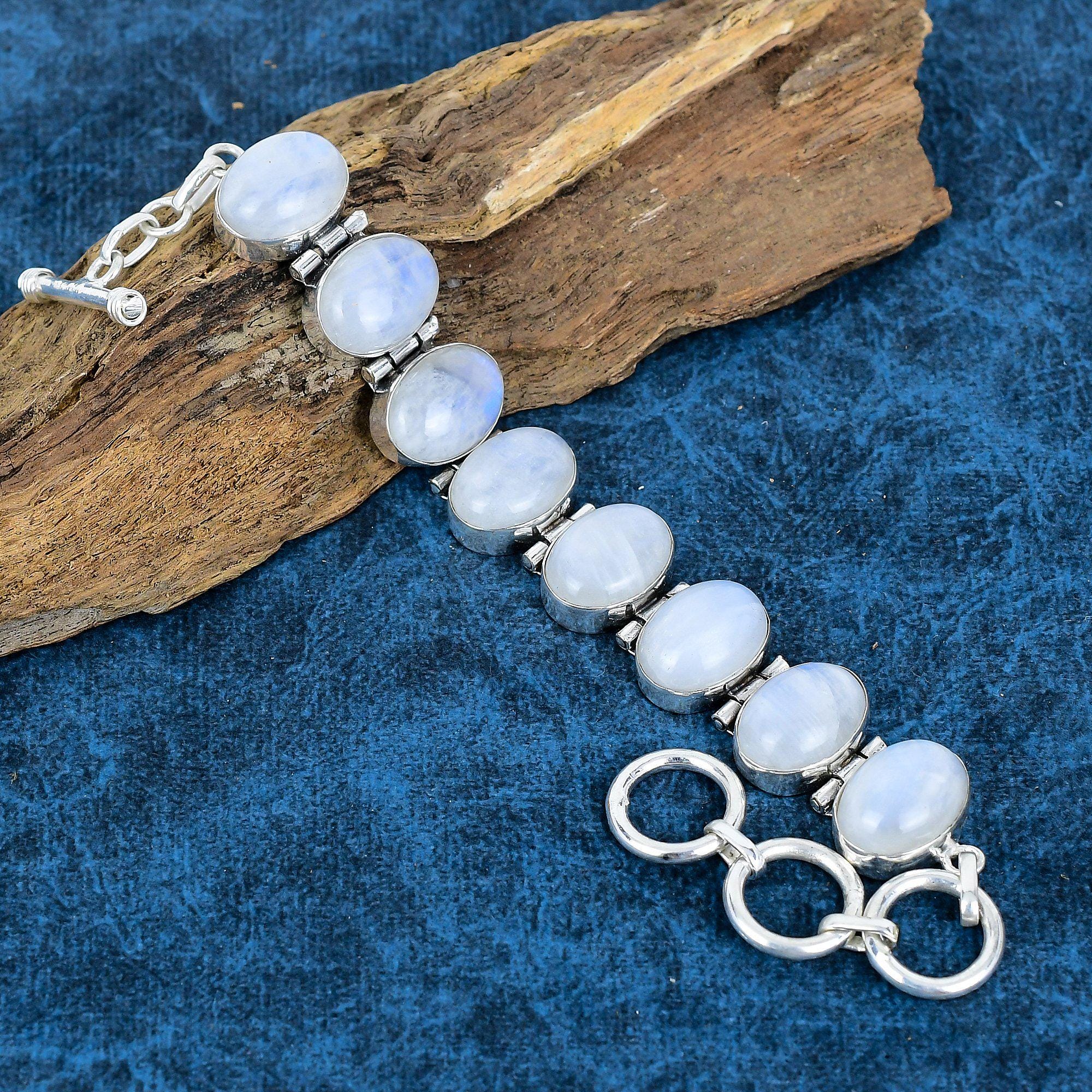 Handmade Rainbow Moonstone 925 Sterling Silver Bracelet (7-8 Inch)