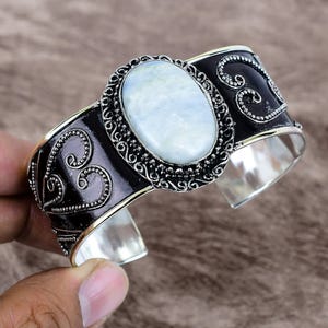 Handmade Moonstone Cuff Bangle: 925 Sterling Silver Gemstone Jewelry