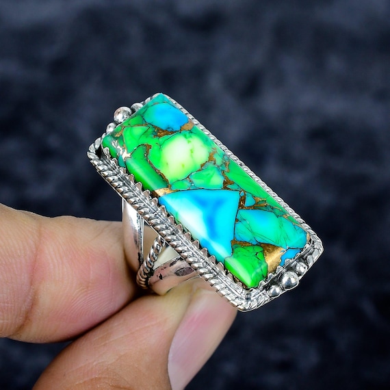 Green Dahlia Spiny Oyster Turquoise Sterling Silver Ring: Handmade