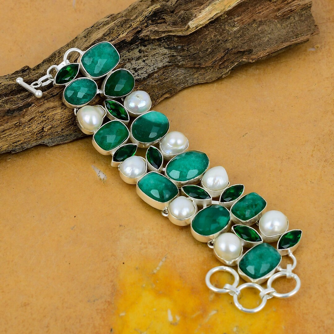 Handmade Sterling Silver Zambian Emerald Pearl Bracelet - Etsy