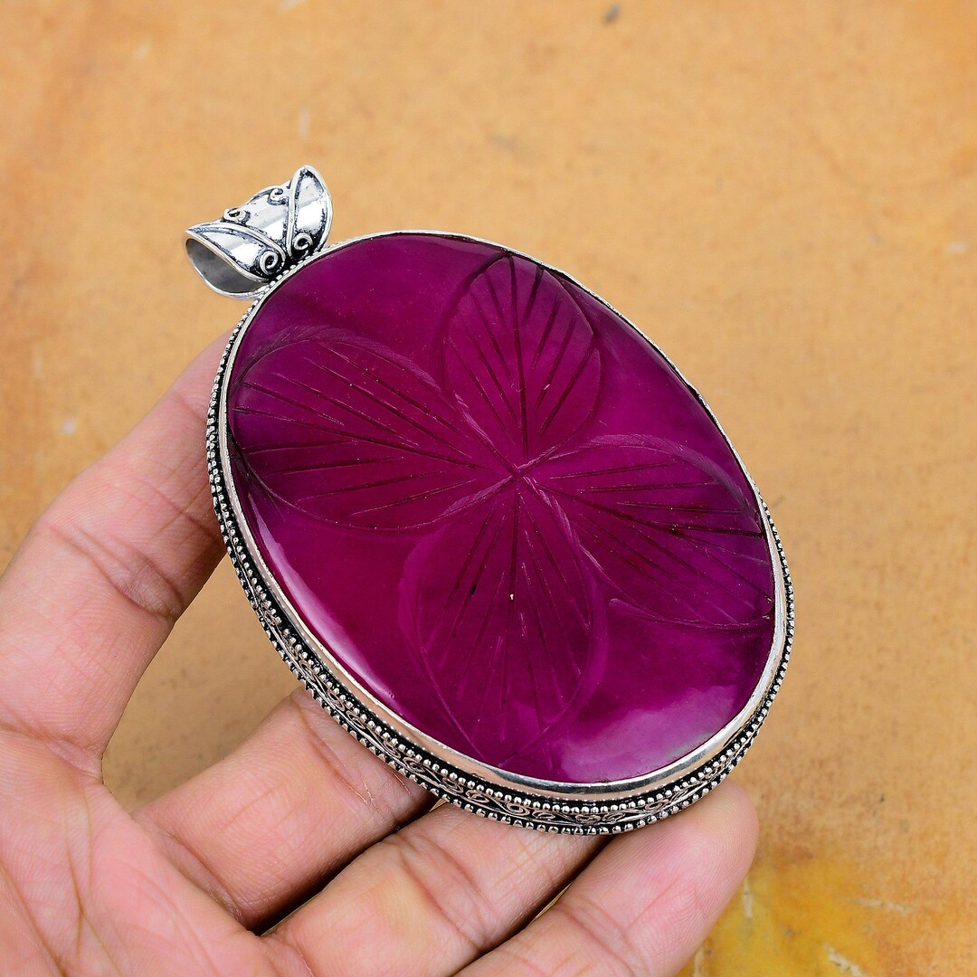 Large Kashmir Red Ruby Gemstone Pendant: Handmade 925 Sterling