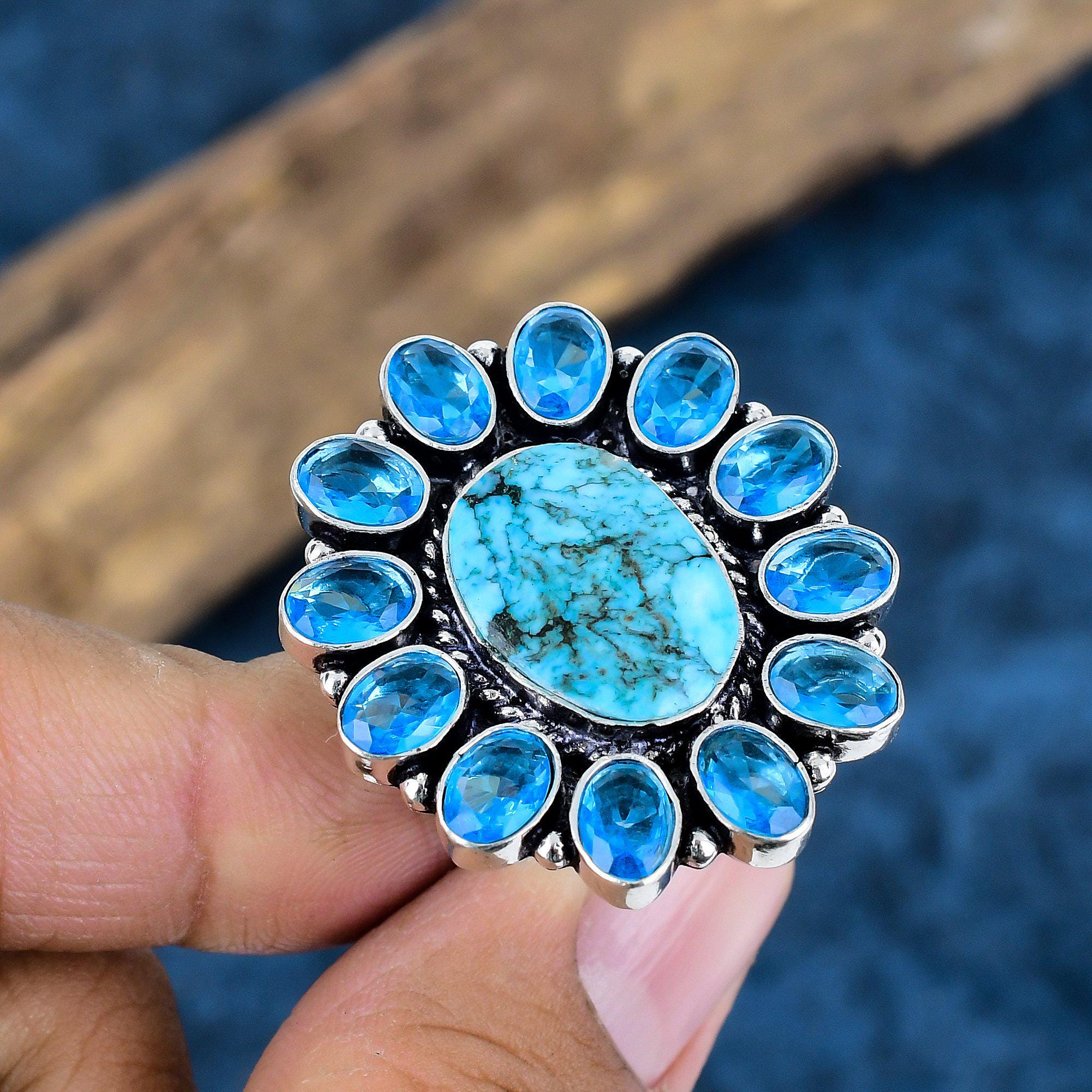 Handmade Tibetan Turquoise & Blue Topaz Sterling Silver Statement