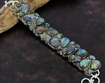 Handmade Blue Fire Labradorite Sterling Silver Bracelet - 8 Inch