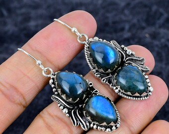 Boucles D'oreilles En Argent Sterling 925 Avec Labradorite Naturelle - Pierre Bleue, Forme Feuille, Neuf Sans Emballage