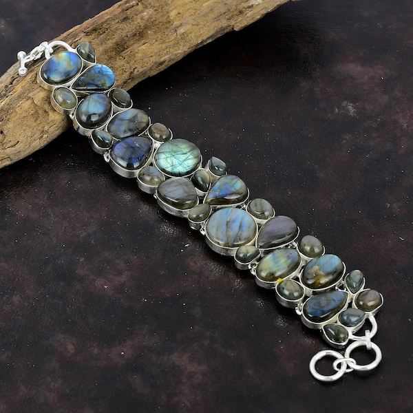 Bracelet labradorite fait main en argent sterling 925 avec pierres précieuses estampées Bracelet labradorite Bracelet labradorite cadeau pour l'amour