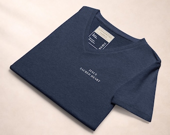 Minimal Sacred Heart Jesus V-Neck Tee, Embroidered Christian Faith Apparel