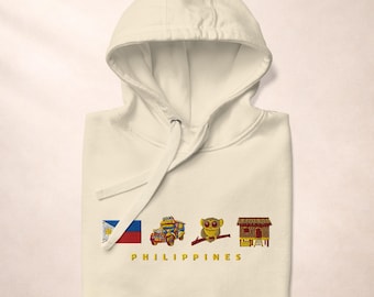 Philippines Hoodie, Embroidered Philippine Flag, Jeepney, Tarsier & Bahay Kubo, Filipino Heritage Sweatshirt
