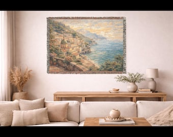 Amalfi Coast Tapestry, Italy Coastal Landscape Woven Throw Blanket, Impressionist Mediterranean Wall Art