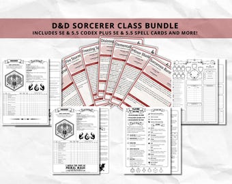 D&D Sorcerer Class Bundle: 5e, 5.5e Spell Cards, Character Sheet (Digital Download)