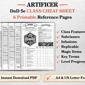DnD 5e Artificer Class Codex Printable | Artificer Cheat Sheet | DnD Player Aid PDF | Tabletop RPG Reference