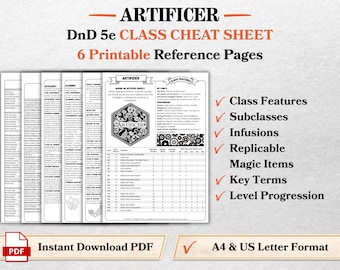 DnD 5e Artificer Class Codex Printable | Artificer Cheat Sheet | DnD Player Aid PDF | Tabletop RPG Reference