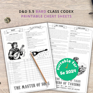 May include: Printable cheat sheets for D&D 5.5 Bard Class Codex. The sheets feature detailed information, illustrations, and the text "THE MASTER OF SONG". A pencil, dice, a key, and a decorative dagger are also visible.