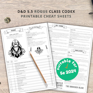 May include: D&D 5.5 Rogue Class Codex printable cheat sheets. The image shows two open pages with text and illustrations, including a hooded figure. A pencil, a key, and a decorative sword are also present. The text includes "suitable for 5e 2024".