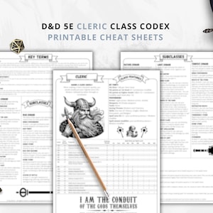 May include: Printable cheat sheets for the D&D 5E Cleric class, with key terms, subclasses, and class features. The sheets are white with black text and illustrations, including a Viking-like character. A pencil, dice, a key, and a sword are also present.