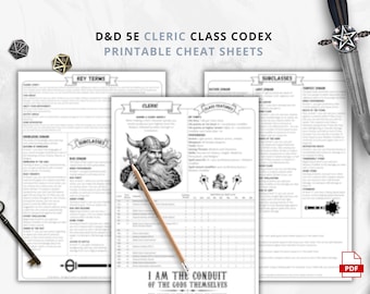 DnD 5e Cleric Class Codex Printable | Cleric Cheat Sheet | DnD Player Aid PDF | Tabletop RPG Reference