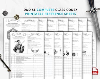 Pacchetto completo del Codex delle classi di DnD 5e / 13 fogli riassuntivi delle classi / PDF di supporto al giocatore di DnD / Fogli di riferimento per giochi di ruolo da tavolo