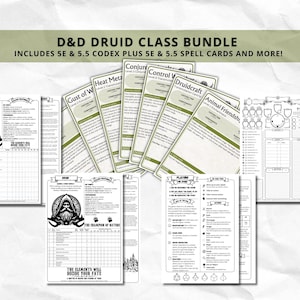 Op de afbeelding: Een verzameling D&D Druid Class Bundle materialen, waaronder 5E & 5.5 Codex, spreukkaarten en meer. De bundel bevat personagebladen, spreukkaarten en andere spelhulpmiddelen. De tekst bevat "D&D Druid Class Bundle" en "The Elements Will Decide Your Fate".