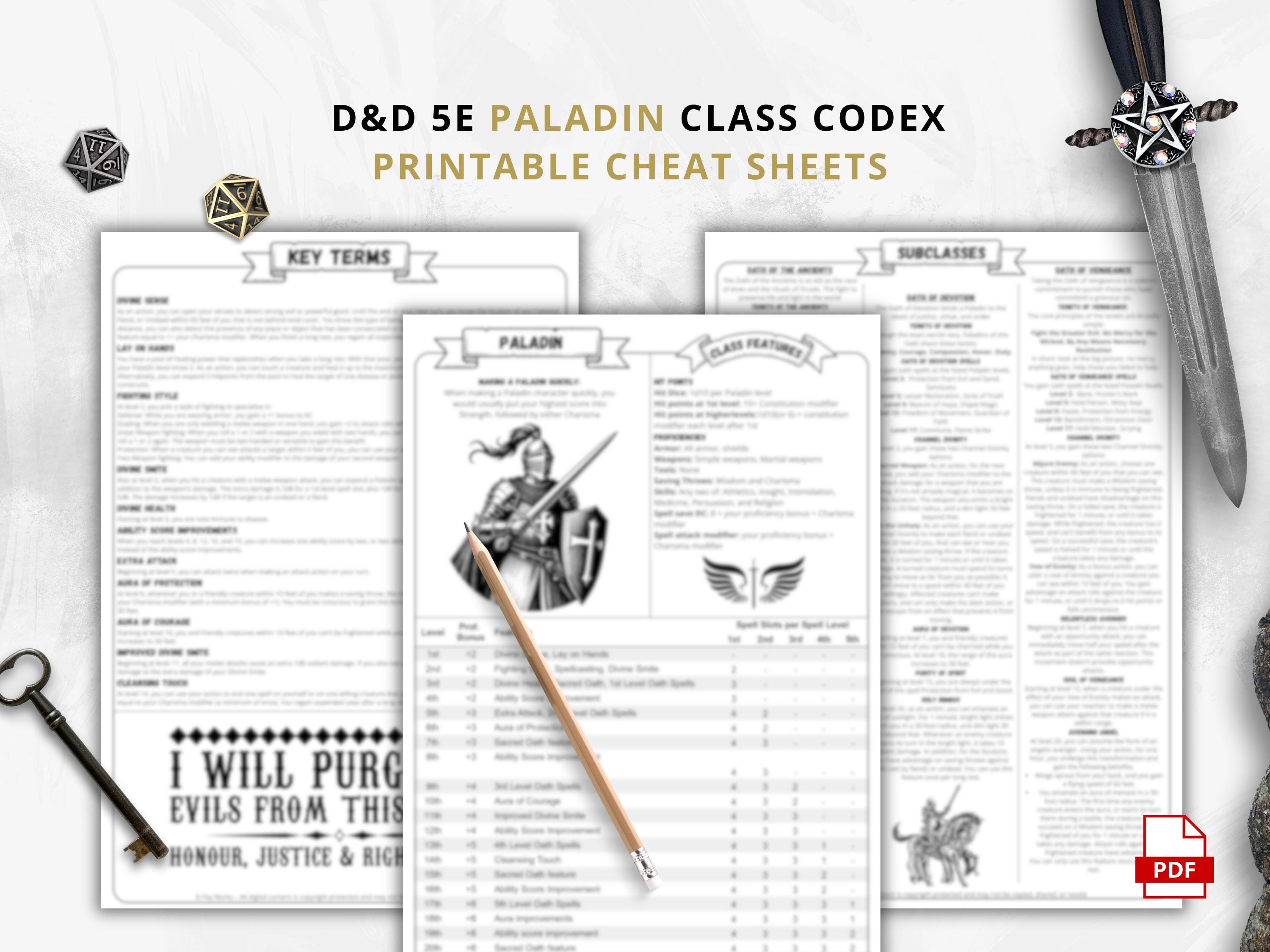 Dnd 5e Paladin Class Codex Printable | Paladin Cheat Sheet | Dnd Player ...